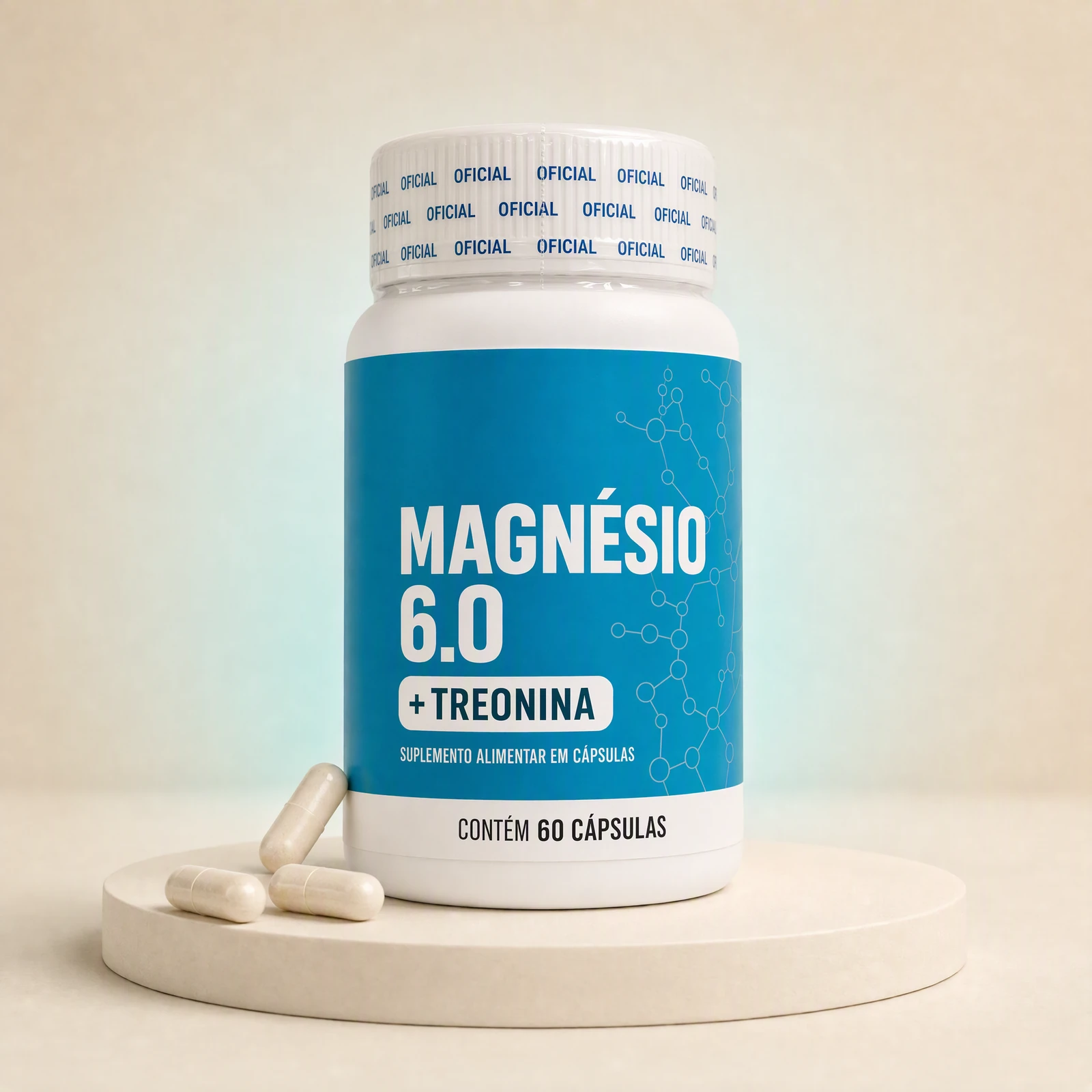 Frasco de Magnésio 6.0 com rótulo azul, lacre OFICIAL e 60 cápsulas, com cápsulas ao lado