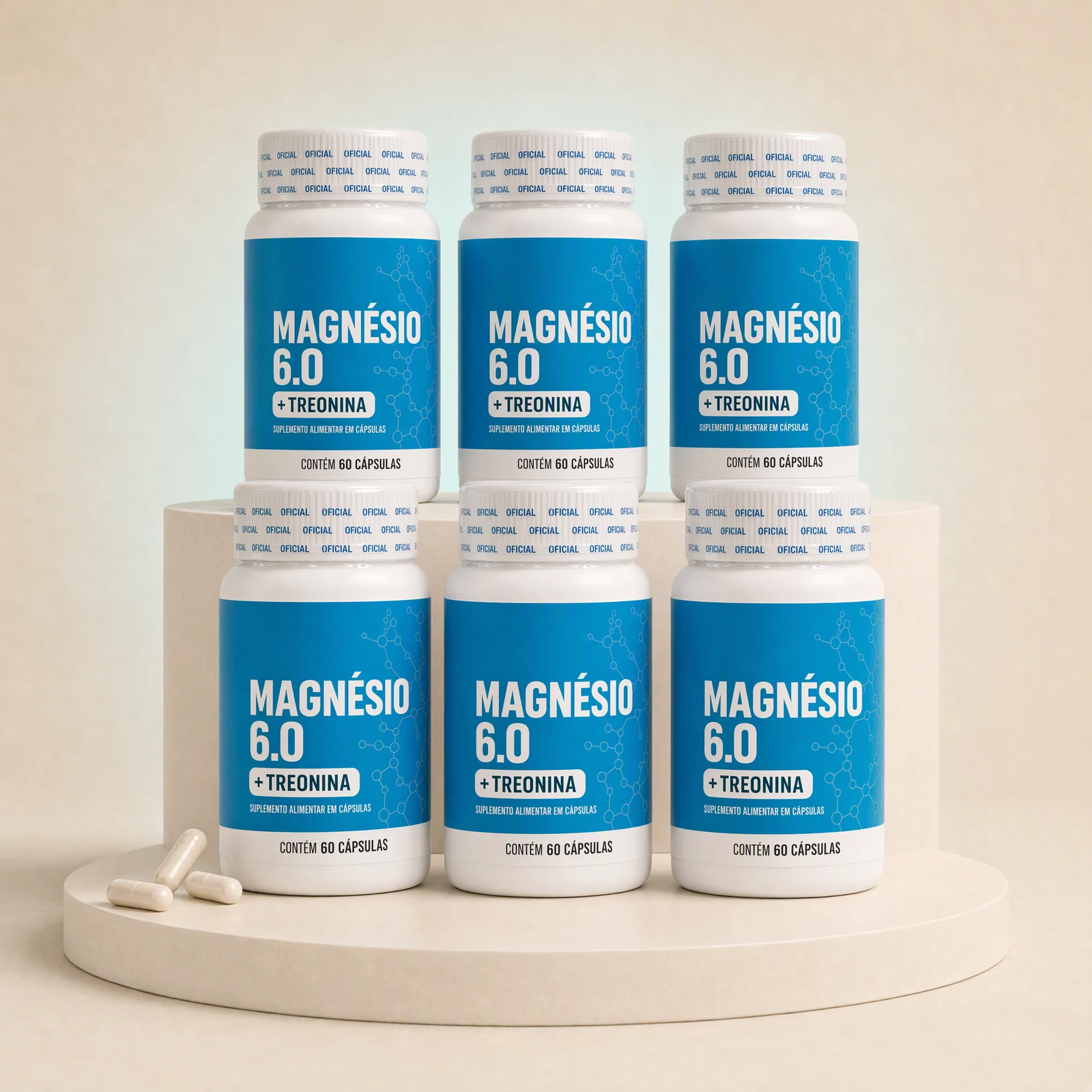 Kit com 6 frascos de Magnésio 6.0 Lirius, com 60 cápsulas por frasco