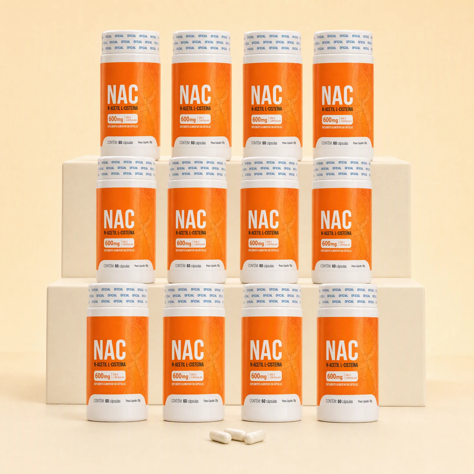 Kit com 12 frascos de NAC Lirius, com 60 cápsulas por frasco