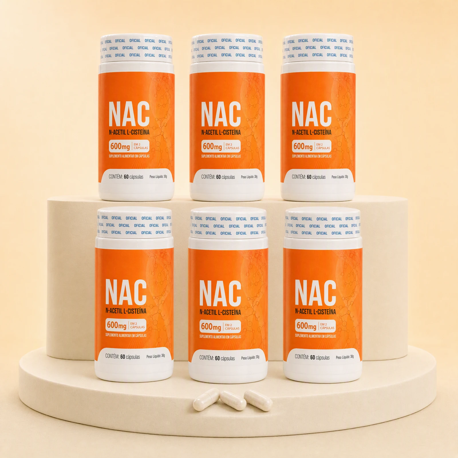Kit com 6 frascos de NAC Lirius, com 60 cápsulas por frasco