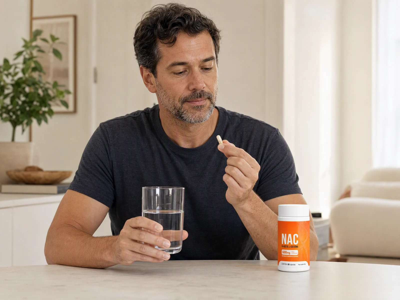 Cena ilustrativa de homem adulto com água, uma cápsula e o frasco de NAC sobre a mesa